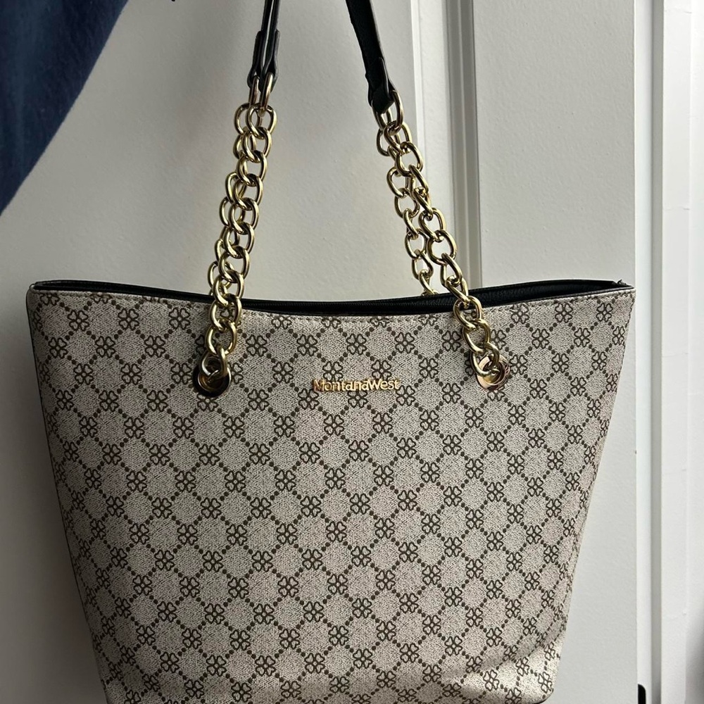 Anne Klein Cream Patterned Tote with Gold Chains